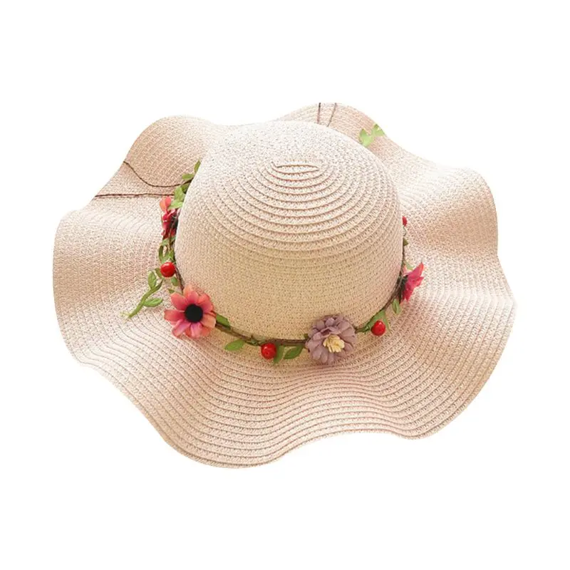 Летняя Пляжная соломенная шляпа от солнца для женщин и девочек с бантом и цветком из ротанга, венок для мамы и дочки с защитой от ультрафиолета, Кепка с широкими волнистыми полями, 5 Co - Цвет: 3B