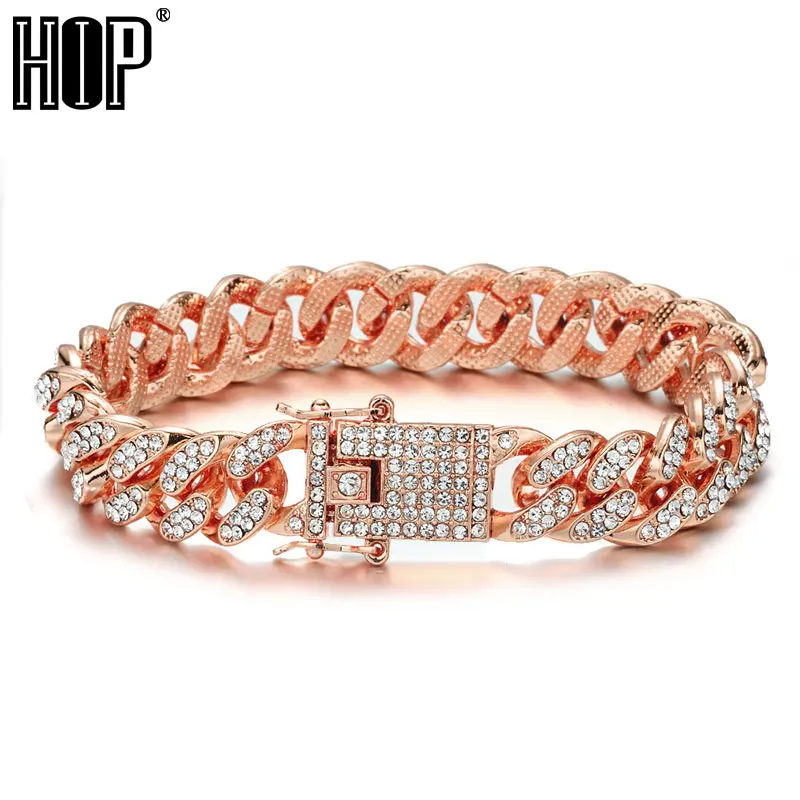 

Bling Iced Out Full AAA Crystal Pave Men's Bracelet Gold Silver Color Miami Cuban Link Chain Bracelets for Men Hip Hop Jewelry