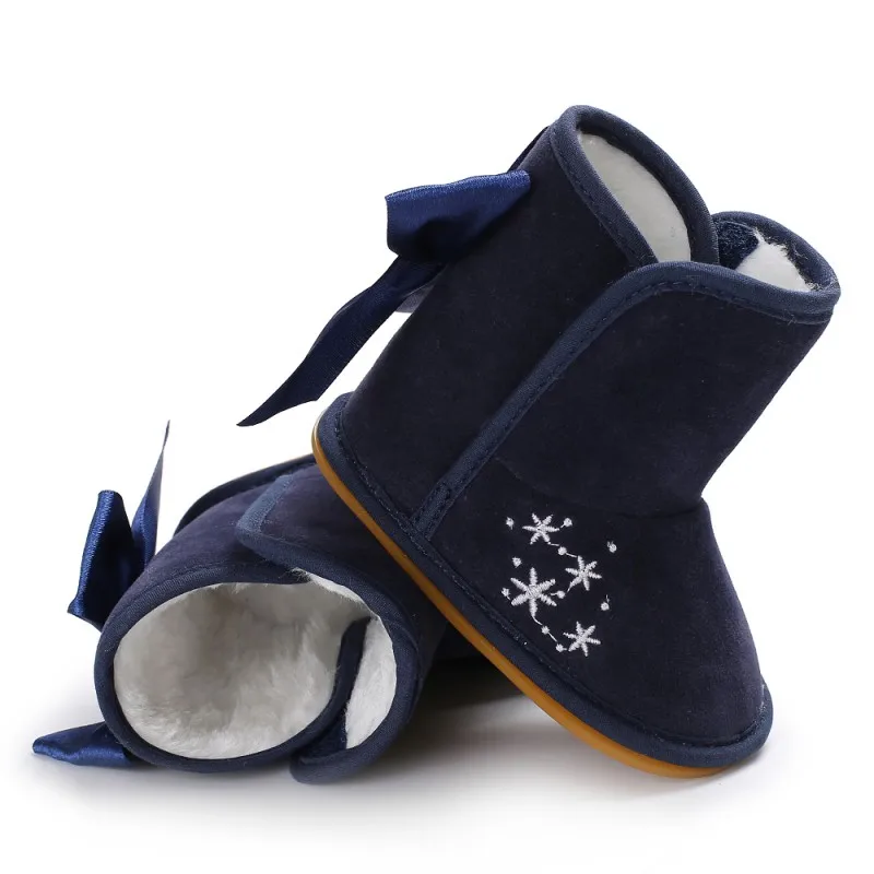 Зимние Обувь для младенцев резиновой подошвой хлопок длинный лук для Сапоги и ботинки для девочек Теплые Модная одежда для детей, Детская