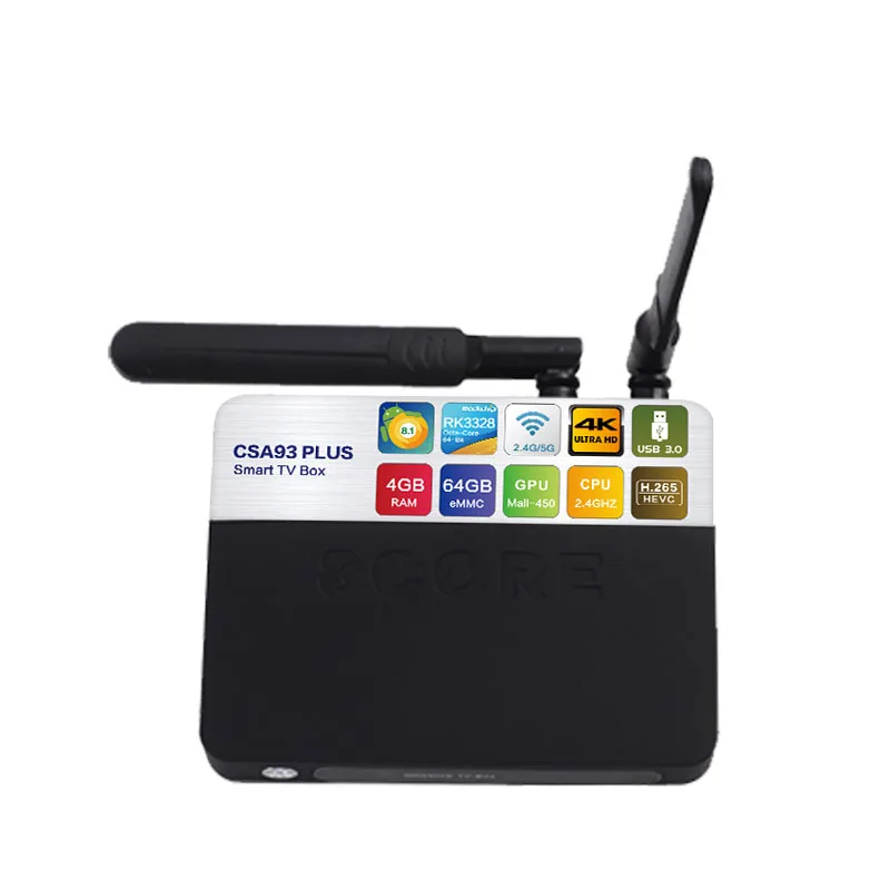 CSA93 плюс Android 8,1 ТВ коробка RK3328 4 ядра ГБ оперативная память 64 ГБ USB ROM 3,0 Smart Media Player г 4,0 г/5 г Двойной Wi Fi BT 2,4 декодер компл. кабельного