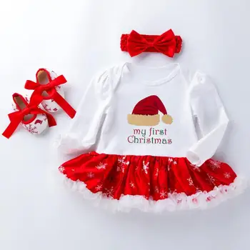 

2019 New Christmas Hat Printed Baby Girls Clothes Sets Fashion Style newborn Rompers Net-Veil Dress+Headband+shoes 3pcs