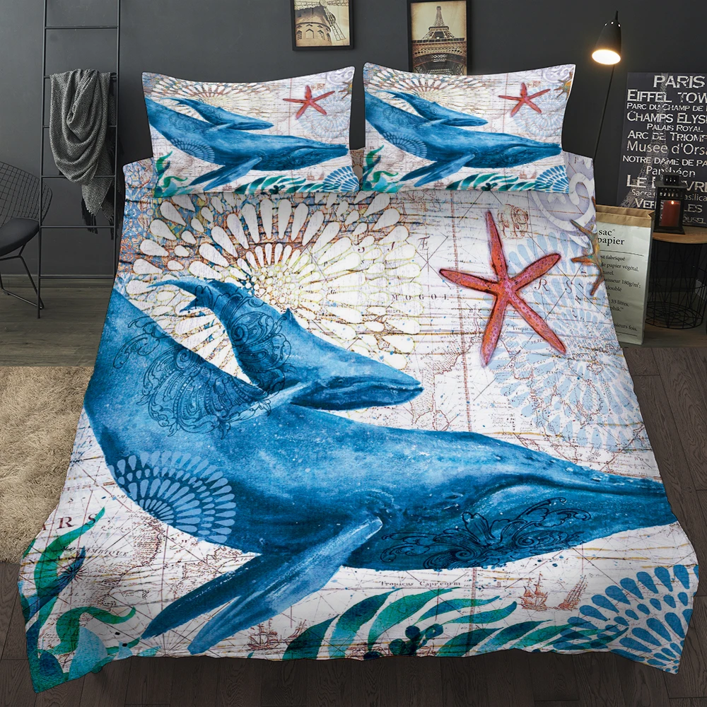 

BEST.WENSD Bed cover set with pillow cases High Quality Sky-blue comforter bedding sets blue Whale bedclothes bed sets wholesale
