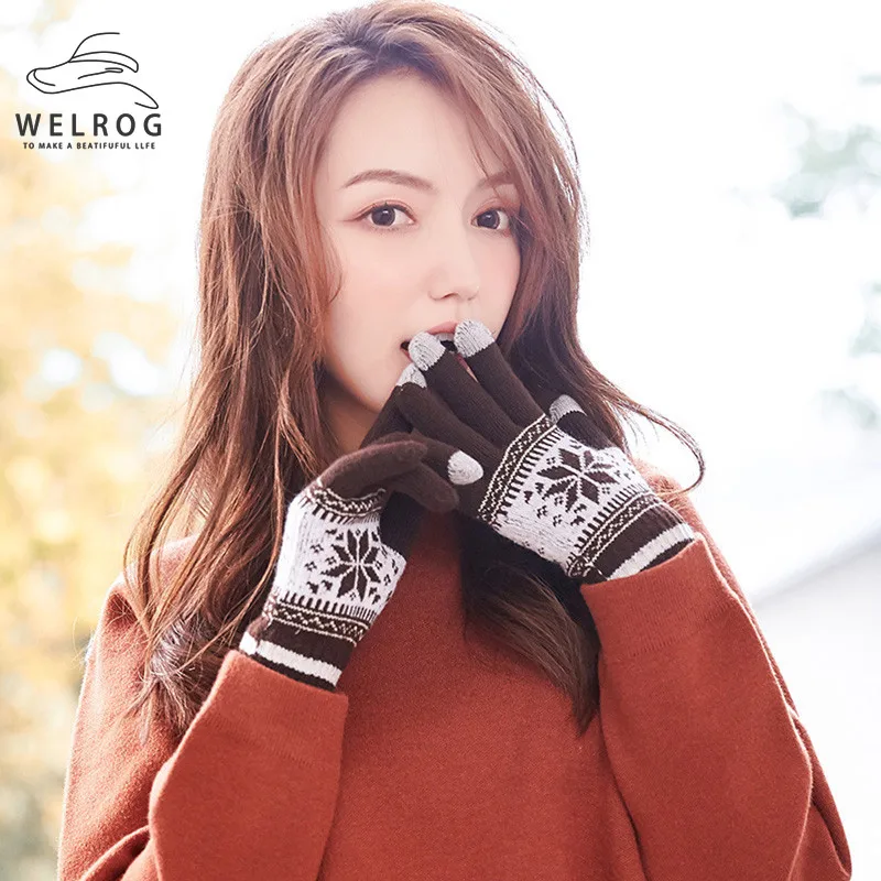 WELROG женские утепленные бархатные перчатки зимняя новогодняя снежинка полный палец Сенсорный экран Пара лыжные варежки теплые перчатки