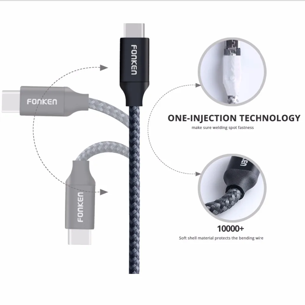 3 шт. fonken Тип USB-C кабель Quick Зарядное устройство Тип c 21AWG Max 2.4A быстрой зарядки Reversible USB c кабель для мобильного телефона