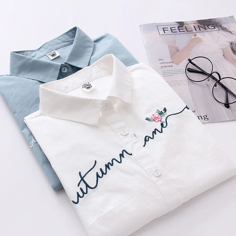 

FEKEHA White 100% Cotton Women School Shirt Letter Floral Embroidery Blue Tops Ladies Blouses Long Sleeve Female Office Shirt