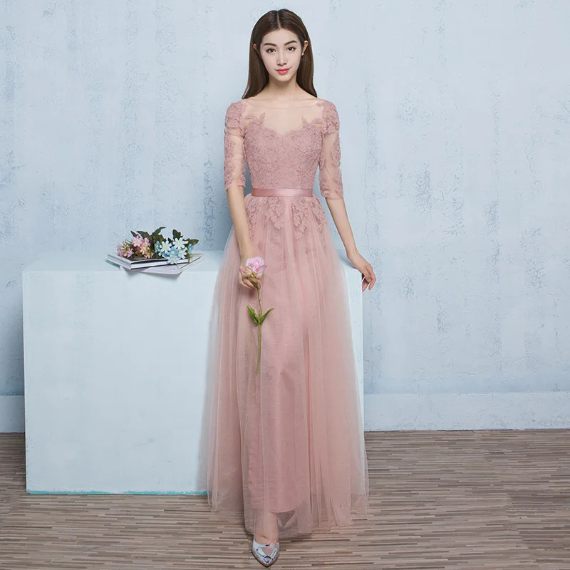 Пыльно-розовые элегантные длинные вечерние платья с коротким рукавом, кружевные женские вечерние платья, платья Vestidos - Цвет: dusty pink-long