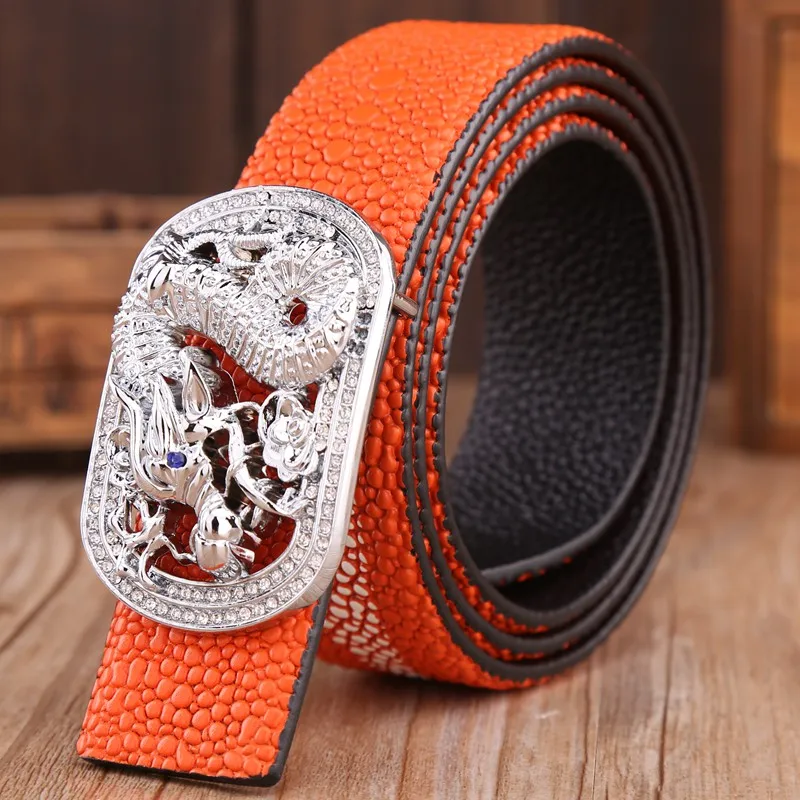 Новинка, мужской ремень, роскошный, высокое качество,, дизайнерский, для женщин, натуральная кожа, ceinture, стразы, Золотая Пряжка, оранжевый дракон, 105 см - Цвет: silver dragon round