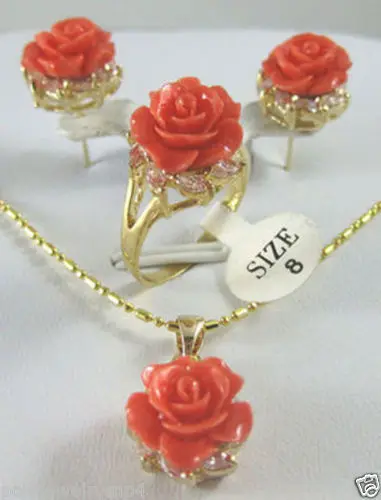 

New Jewelry tibet Rose coral flower Pendant Earring Ring set 5.23
