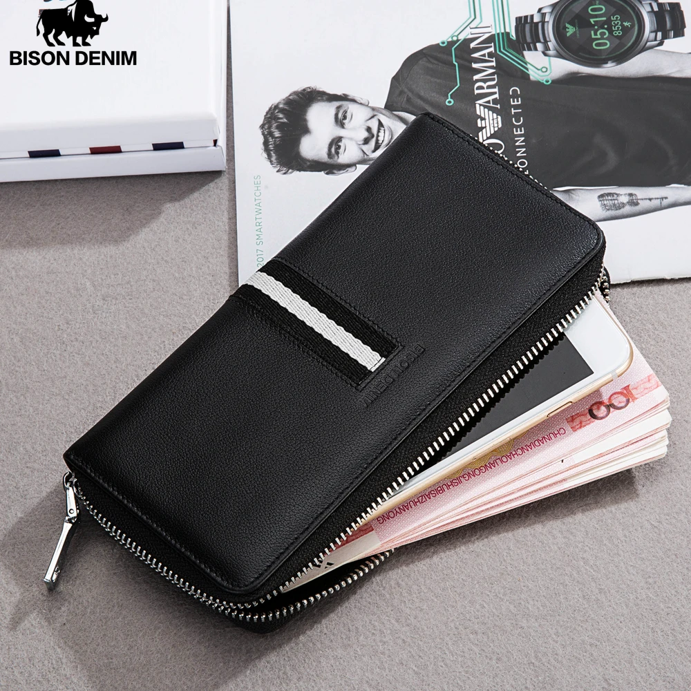 

BISON DENIM New Men Genuine Leather Long Wallet Business Brand Male Cowskin Purse Card Holder Coin Pocket Clutch Wallet N8214