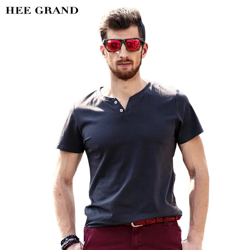 

HEE GRAND 2018 Men Summer T- Shirts Cotton Spandex Breathable Material Short Sleeve Solid Button Decoration Top Tees MTS2179