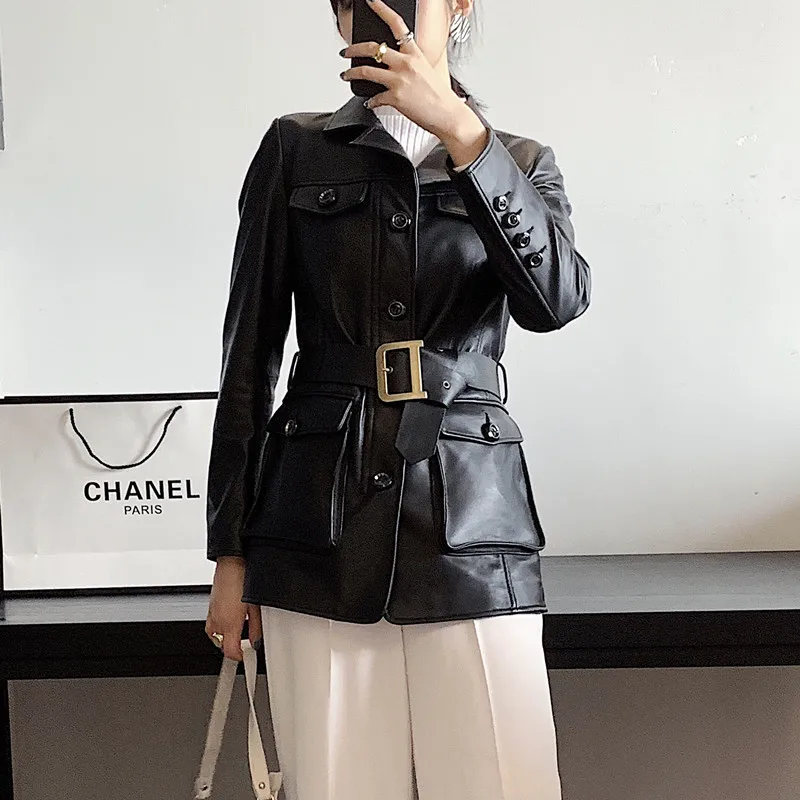 

2019 New style genuine leather jacket for women with long waist and slim black sheepskin jacket