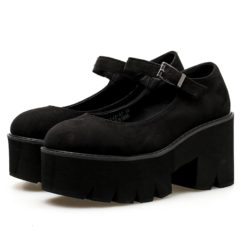 HTUUA/Новая Осенняя обувь на толстой платформе женские туфли-лодочки повседневная обувь на высоком каблуке с пряжкой черная обувь с круглым носком; SX1528 - Цвет: Черный