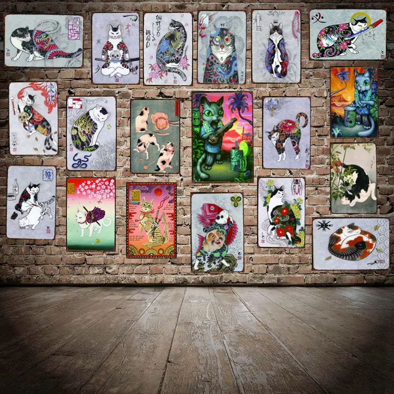 

Vintage Japanese Samurai Cat Animal Pet Tin Sign Tattoo Cat Metal Plate For Wall Pub Cafe Home Art Decor Cuadros DU-2453B