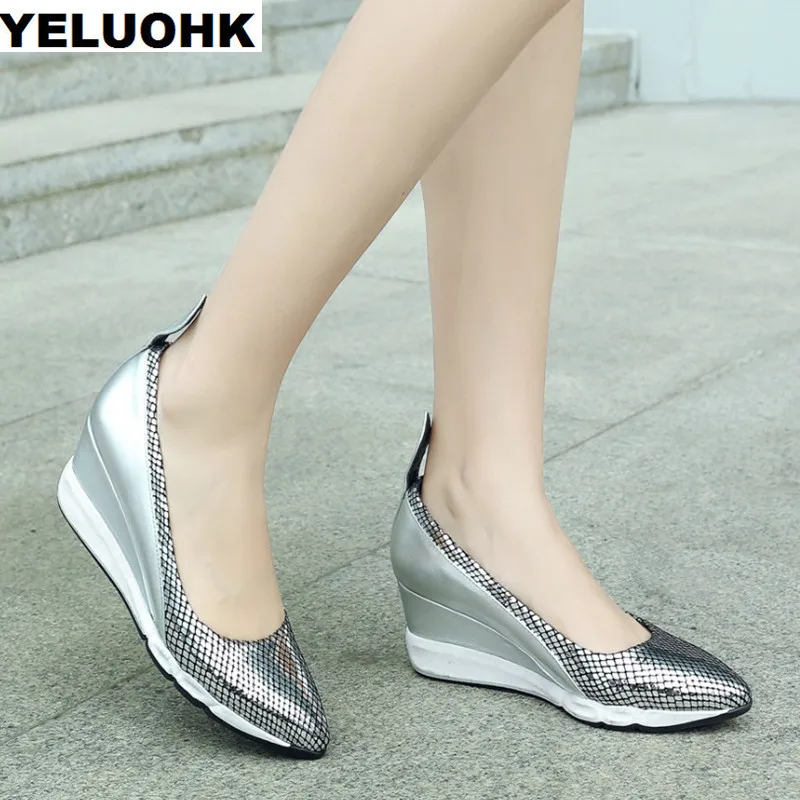 

2018 Brand Spring Autumn Wedge Shoes Women High Heels Pointed Toes Silver Women Pumps Comfort Ladies Shoes Slip On
