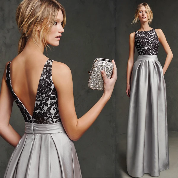 

new hot sexy backless lace appliques silver satin long Evening Dress 2015 vestido de festa longo prom dresses Formal gown