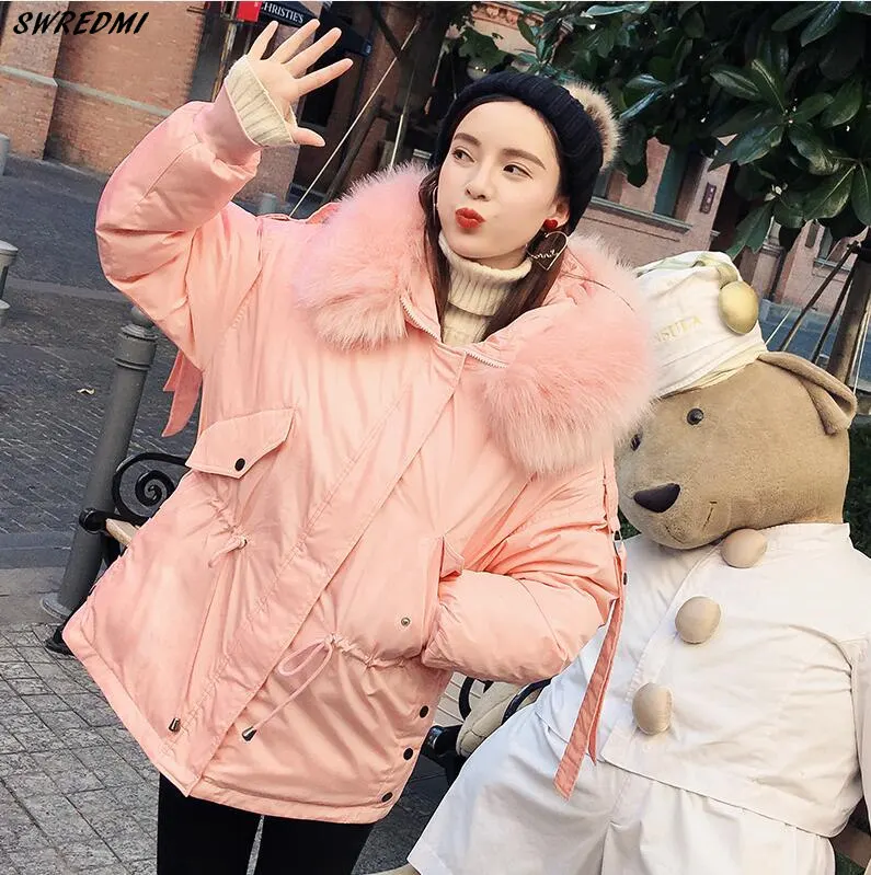 Розовый SWREDMI Women Winter Short Jacket Female Hooded Parkas Loose Cotton Padded Coat Mujer Thick Warm Slim Jacket Fur Collar - Цвет: Розовый