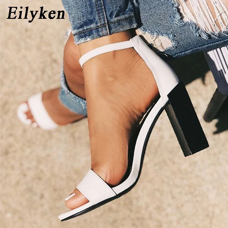 

Eilyken 2019 New Fashion White Buckle Strap Women's Sandals Shoes Sexy Open-toed Party Square High Heels Sandals size 35-42