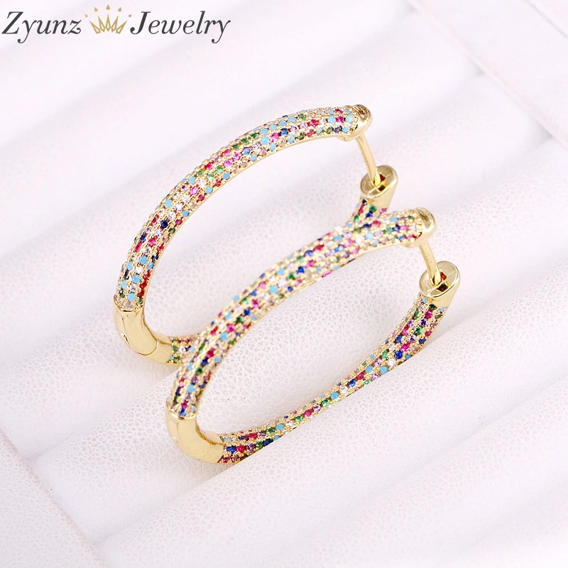 

3Pairs, Fashion Colorful Zirconia For Party Gold Filled Crystal Rainbow CZ Micro Pave Charm Elegant Hoop Earring Jewelry Gifts