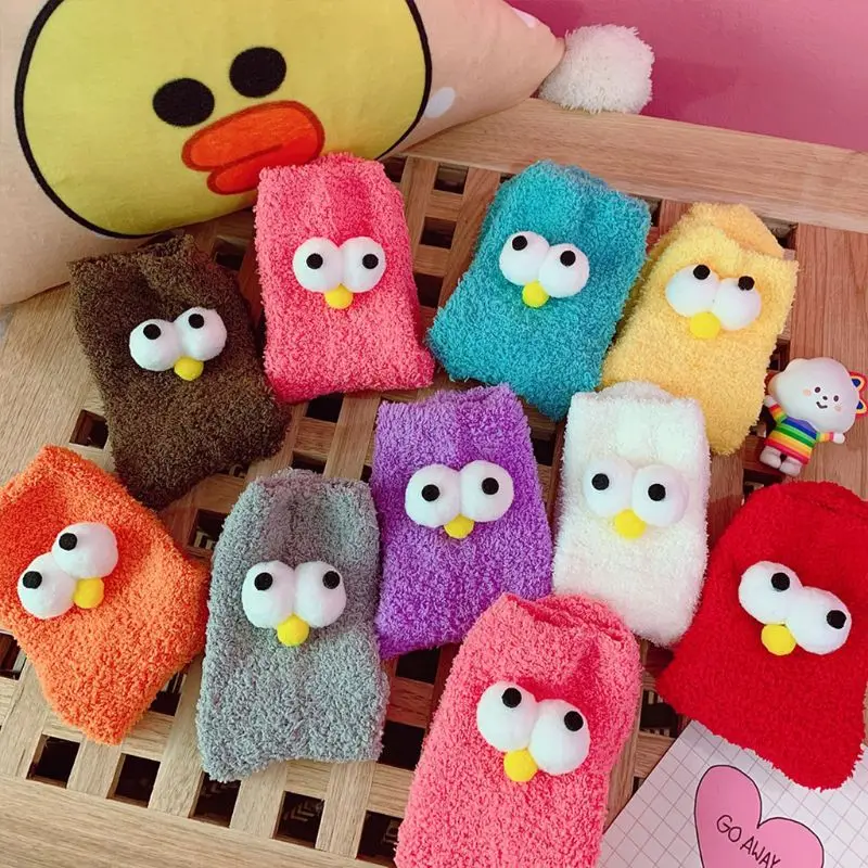 7 Colors Women Girls Winter Thicken Coral Fleece Floor Long Crew Towel Socks Solid Color Cute Cartoon Big Eyes Decor Velvet Indo