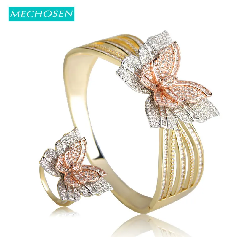 MECHOSEN 3 Tones Mixed Butterfly Bangle Ring Sets Micro Paved Cubic Zirconia Women Nigerian Wedding Naija Bridal Jewelry Sets