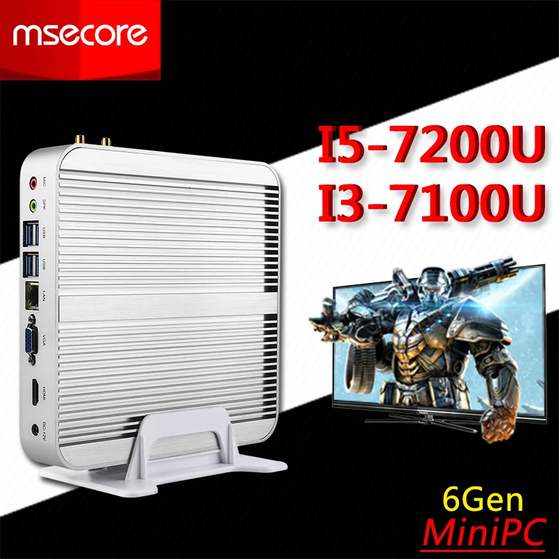 Fanless Core i3 7100U i5 7200U Mini PC Desktop Computer Windows 10 TV box barebone system