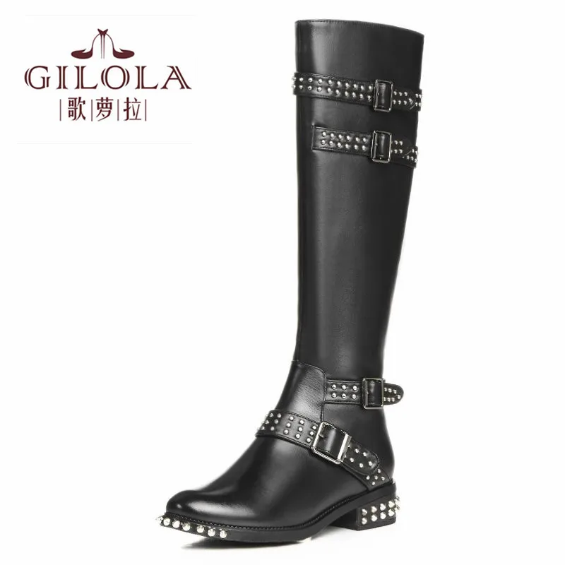 Zapatos Alta Genuino Grueso Moda Y0631576f Mujer Tacón Pu Rodilla Otoño Mujeres Negro Cuero Botas De Remache EvwqXfq