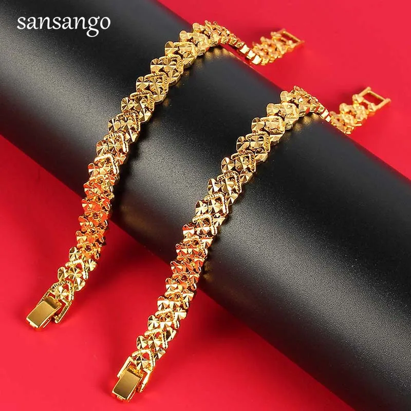 New Arrival Hip Hop 24K Golden Curb Link Chain Bracelet Male Jewelry For Men Women Luxury Bangle Party Gift Wholesale 18cm