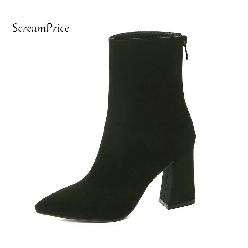 

New Suede Hoof High Heel Back Zipper Woman Ankle Boots Fashion Pointed Toe Party Boots Ladies Black