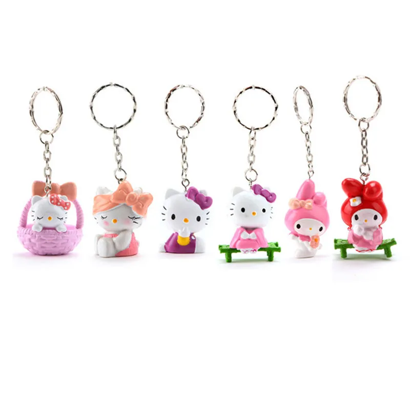 6pcs/lot Anime Cartoon Cute Hello Kitty Mini Key Ring PVC Chaveiro