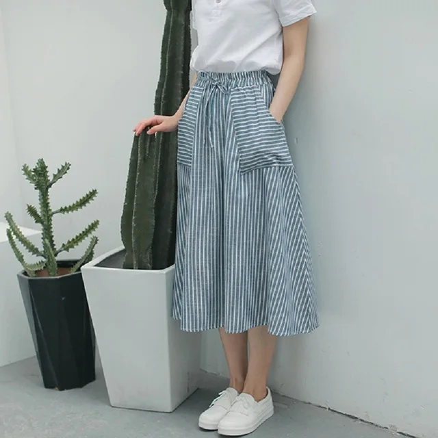 leather skirt Spring Summer Women Vertical stripes Skirts Casual Loose Cotton Linen Female With Pockets Vintage Elastic waist lacing Skirts tennis skirt outfits Skirts