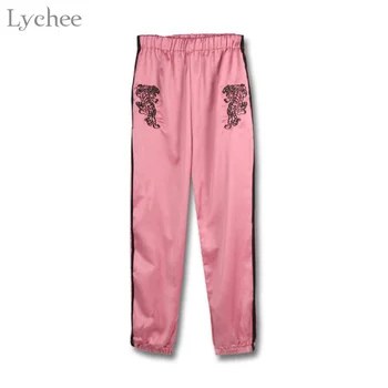

Lychee Harajuku Spring Autumn Women Pants Tiger Embroidery Casual Loose Elastic Waist Flat Straight Pants Trousers