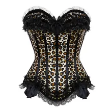 Corsés sexis de encaje satinado y corsés y Bustiers leopardo victoriano Overbust corseet Lencería Top Vintage Showgirl Bodyshaper S-6XL