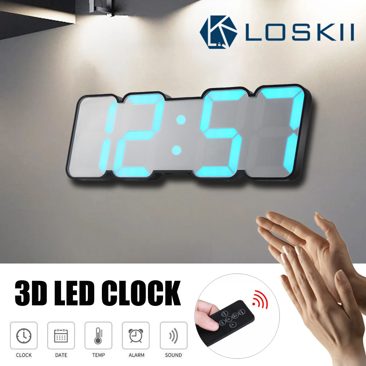 Loskii 3D LED Wall Clock Desktop Alarm Clock / Voice & Remote Control