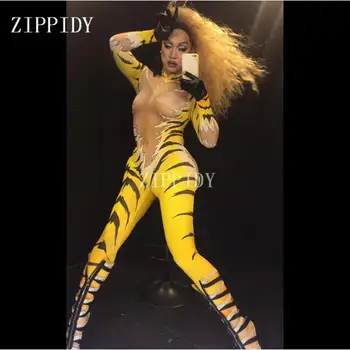 

Yellow Tiger Pattern Printed Sexy Jumpsuit Skinny Leggings Rompers Nigthclub Singer Dancer Performance Stage Show Nude Costume