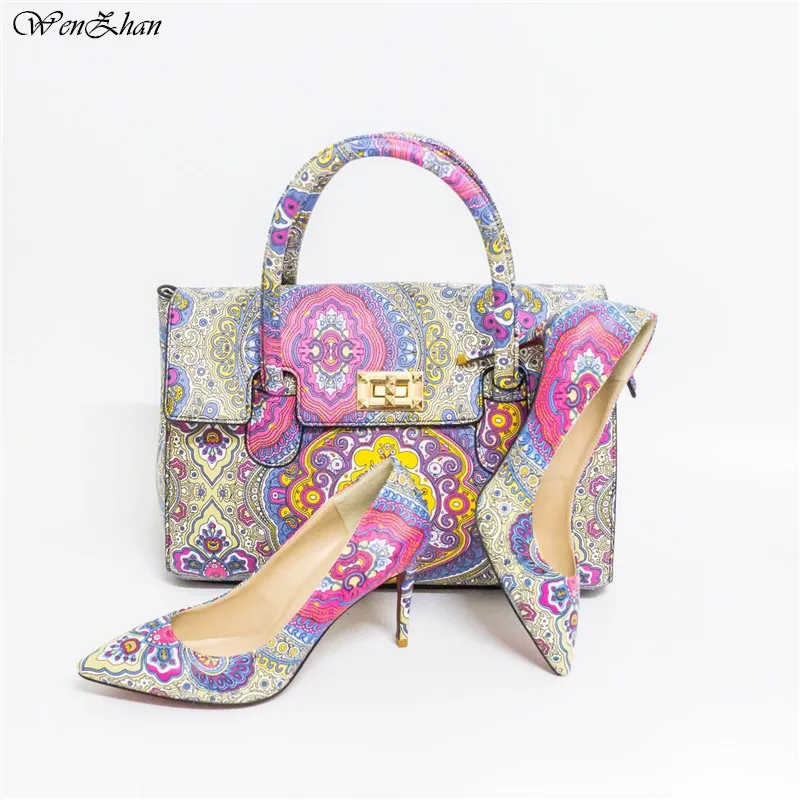 

Lovely High Heel Shoes With Handbag Sets Latest Print Leather In 3Style Fashion Shoes With Bag Hottest Custom Heel Accept!A87-19