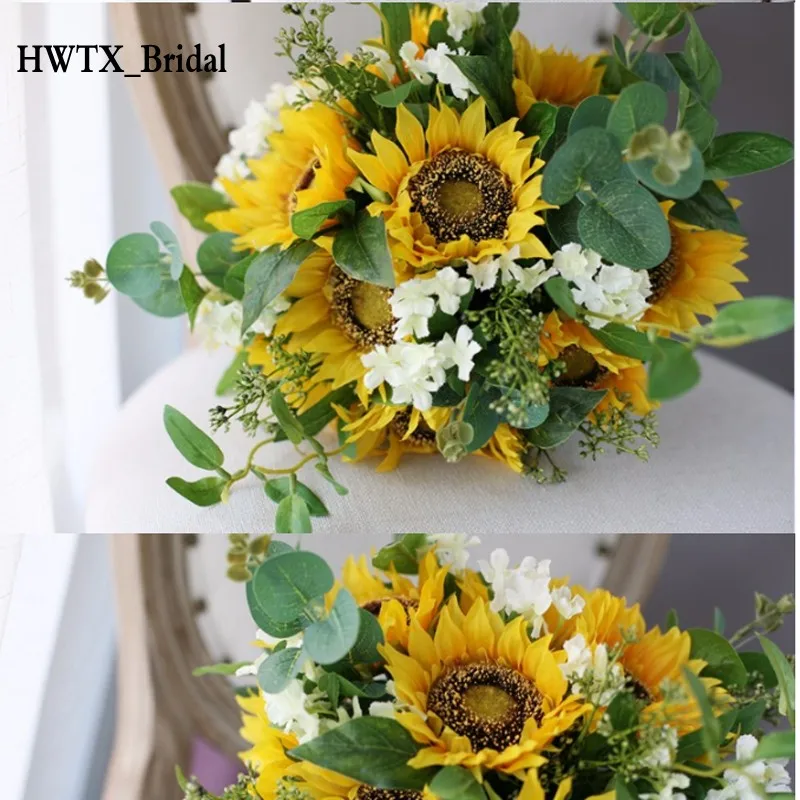 Yellow Green Mori Wedding Bouquets 2018 New Sunflowers Eucalyptus