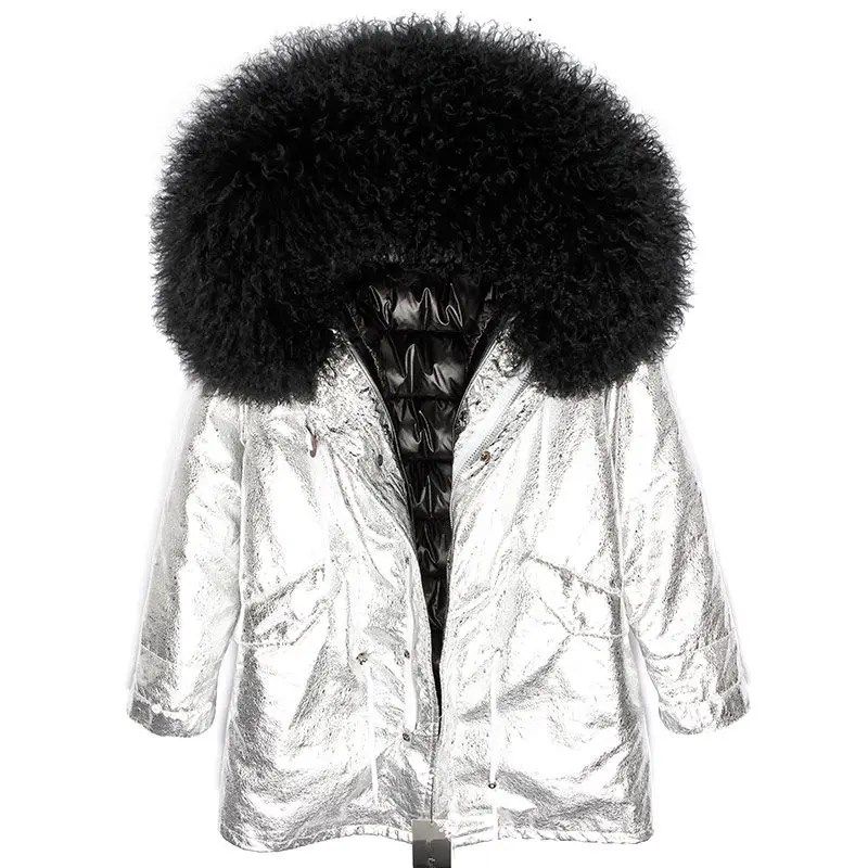 OFBUT, зимняя женская куртка, пальто с натуральным мехом, длинная парка, воротник из натурального меха монгольской овцы, гусиный пух, пальто, Толстая теплая уличная одежда - Цвет: silver black