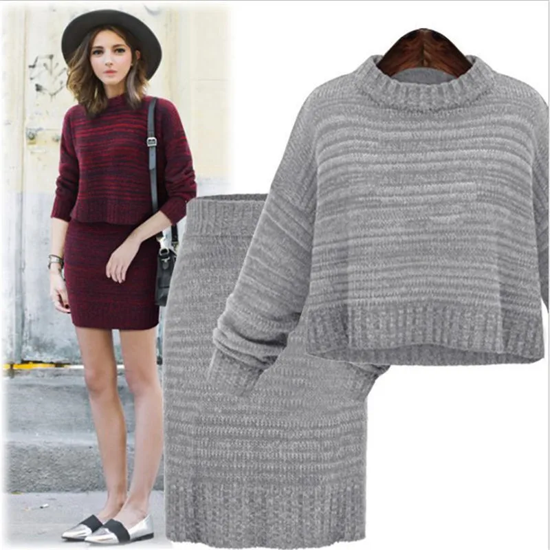 2018 Autumn And Winter New Women Sweater Dress Fashion Two Pieces Set Package Hip Skirt Female Knitting Set Sweater Dress Female Women's Sets