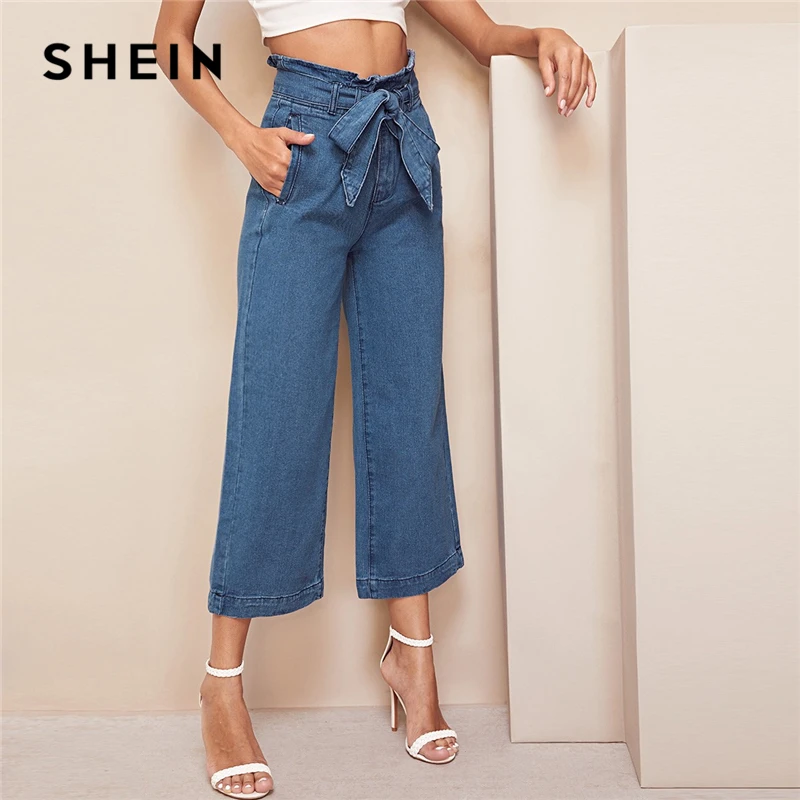 

SHEIN Blue High Waist Wide Leg Belted Crop Jeans Women Spring Casual Elegant Denim Trousers Workwear Solid Straight Pants Jeans