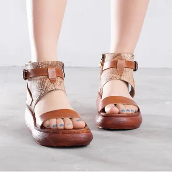 

Summer Women's Genuine Leather Rome Gray Sandals Comfortable Soft Rubber Bottom Leisure Retro Handmade Shoes For Women 2019