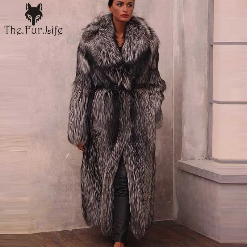 

130 CM Long 2018 New Winter Women Real Fur Coat Natural Silver Fox Fur Collar Fashion Warm Female Jacket Big Fur Collar Sale