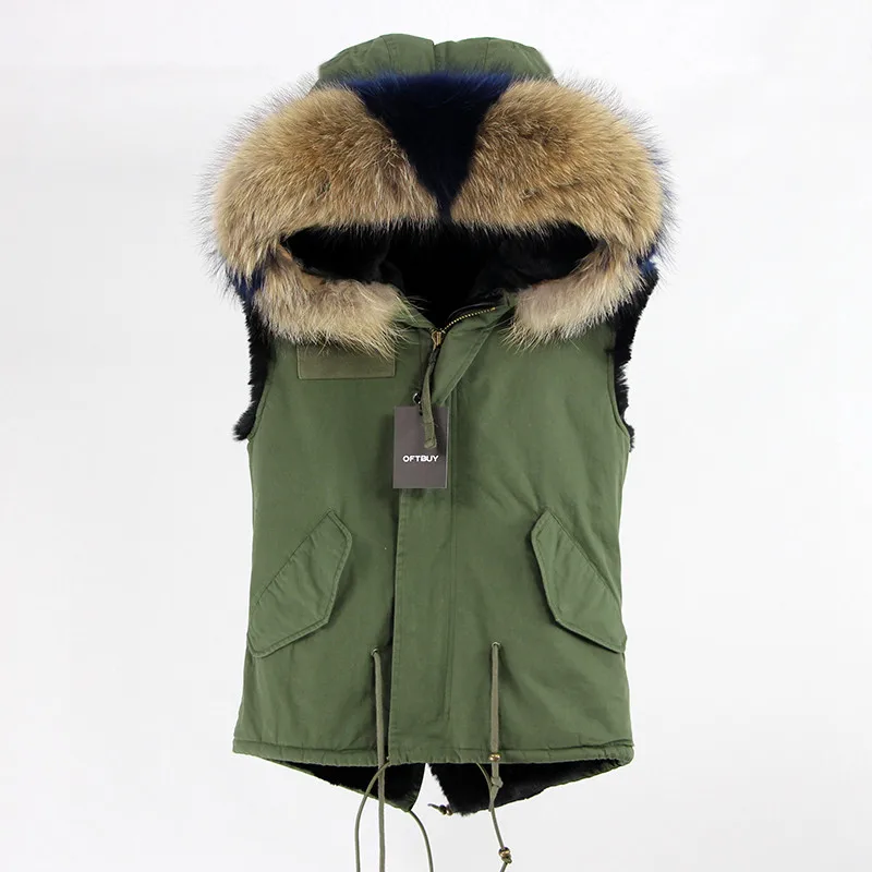 OFTBUY,, брендовая новая армейская зеленая зимняя куртка, пальто, женский меховой жилет, натуральный мех енота, воротник с капюшоном, верхняя одежда, парка - Цвет: 19