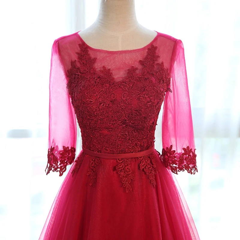 SSYFashion длинное темно-красное вечернее платье Элегантное кружевное с аппликацией прозрачное официальное с короткими рукавами платье для выпускного вечера Robe De Soiree