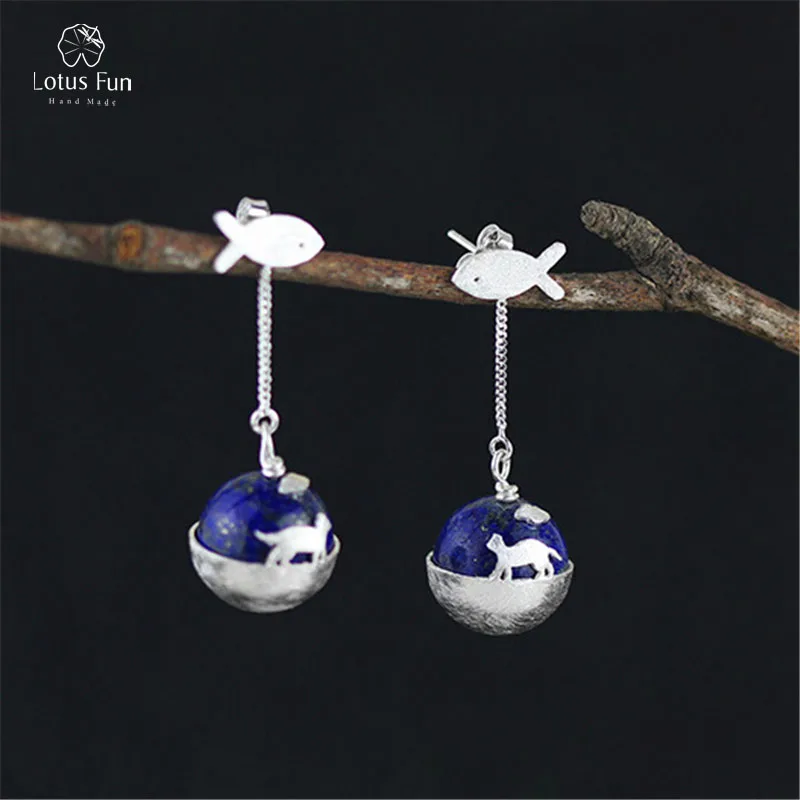 Lotus Fun 925 Sterling Silver Long Drop Dangle Earrings for Women Unique Blue Lapis Cat & Fish Earings Fine Jewelry Girl Gift