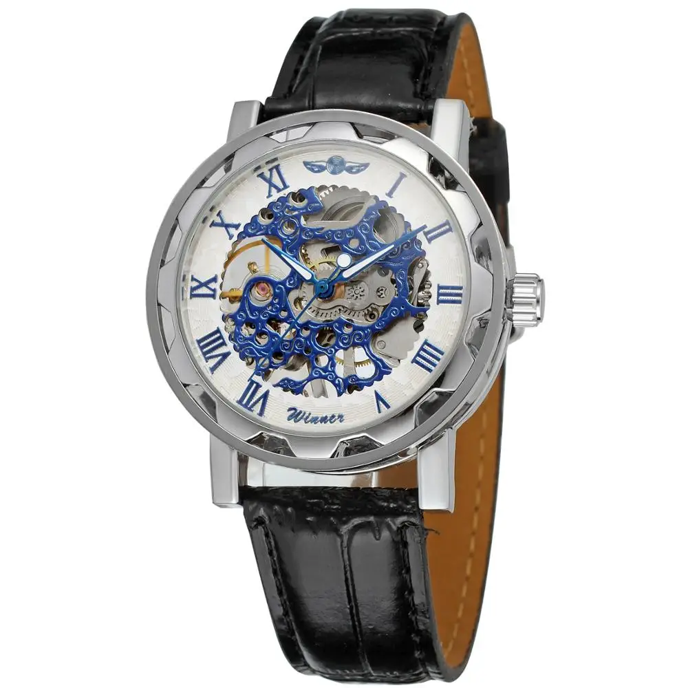 

T-WINNER WATCH flower pattern silver and blue surface Roman Numerals dial black leather strap men's mechanical watch