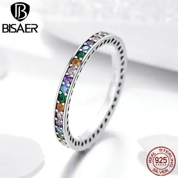 

BISAER 925 Sterling Silver Circle Round Color CZ Finger Rings for Women Engagement Ring Wedding Authentic Silver Jewelry ECR392