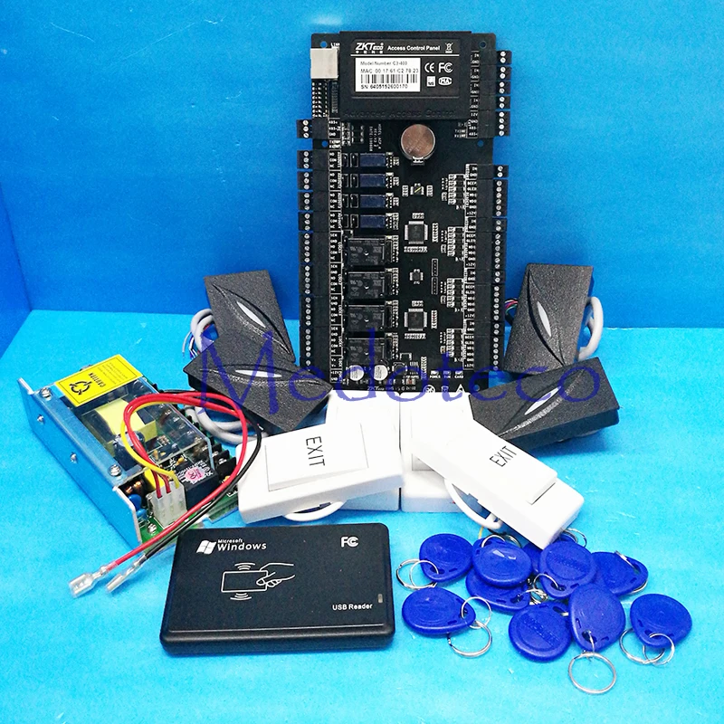 TCP/IP Four Door Access Control Panel+12V5A Power Supply 125khz KR101E Slave Reader+ Plastic Exit Button Rfid Access Control TCP/IP Four Door Access Control Panel+12V5A Power Supply 125khz KR101E Slave Reader+ Plastic Exit Button Rfid Access Control