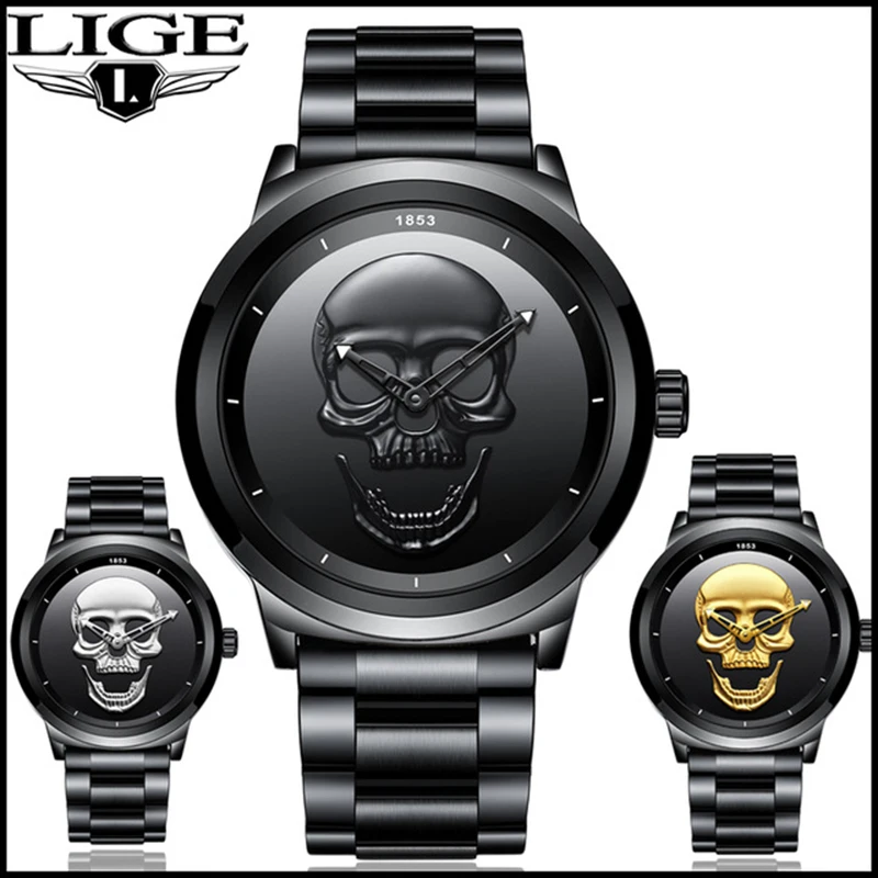 Prix 2018 Nouveau LIGE Creative Crâne Hommes Montres Haut De Sports De Mode Marque Montre Hommes Étanche En Acier Inoxydable Montre Relogio Masculino