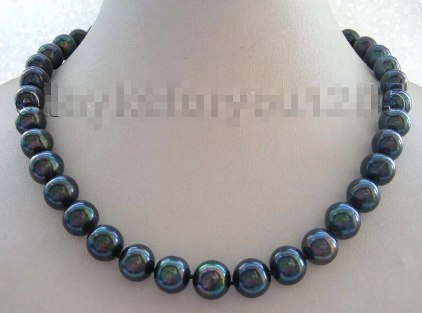 

A 17" genuine Natural 12mm black Round Pearl necklace 9k zircon #f1647!