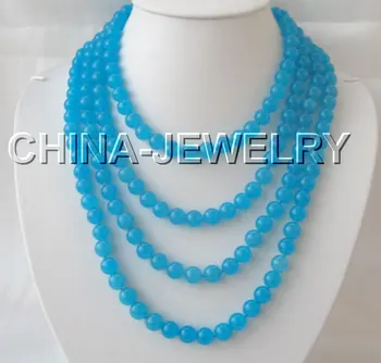 

FREE shipping> >>>Beautiful 80" 10mm Natural round blue jade necklace